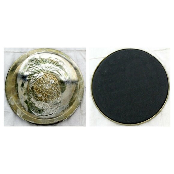 Set of 6 VTG Pineapple Etched Drink Coasters & Stand Gold Metal Barware Table - Picture 6 of 9